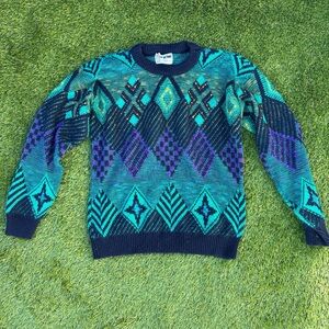 Vintage Geometric Pattern Crewneck Sweater - Teal & Navy